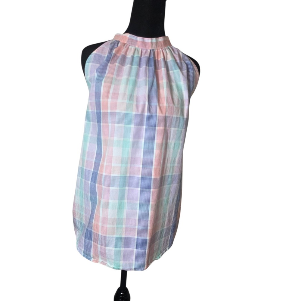 J.Crew Plaid Halter Tie Neck Top XXL Pastel Preppy Sleeveless Blouse Cotton